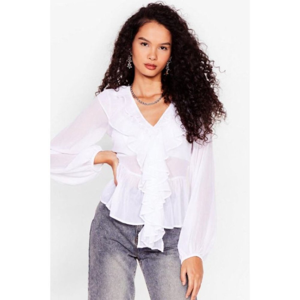 Chiffon V Neck Ruffle Blouse - Picture 3 of 5